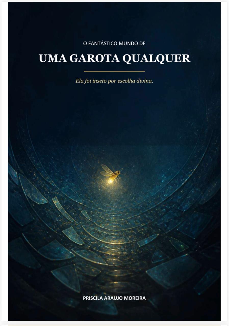 Prévia da capa de O fantástico mundo de uma garota qualquer, de Priscila Araujo Moreira: um pequeno inseto luminoso sobre formas azuis